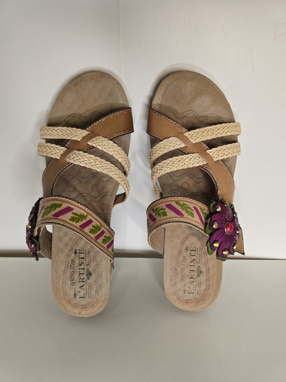 L' ARTISTE Tan Braided Slide Sandals with Pink Floral Accent and Green Trim